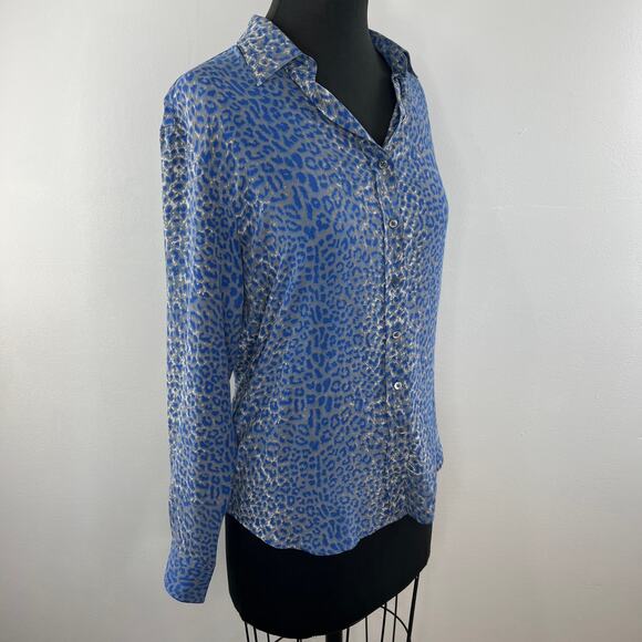 J. McLaughlin Blue Gray Animal Leopard Print Silk Button-Down Long Sleeve Top S - Picture 2 of 6